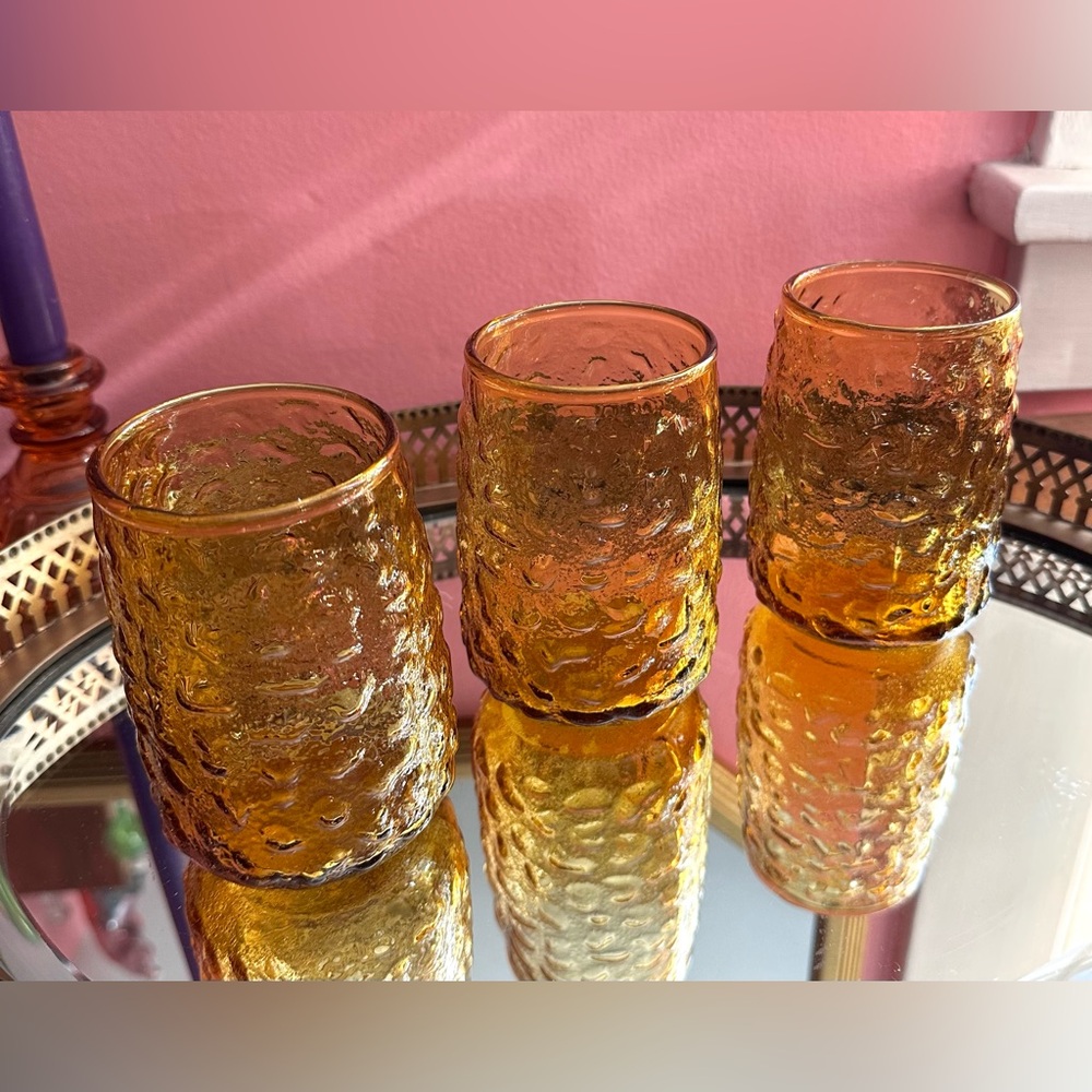 Set of 3 1970's Anchor Hocking Milano Lido Warm Amber Glass Mid-Century Glasses